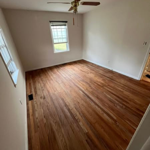 Freshly stained wood flooring.