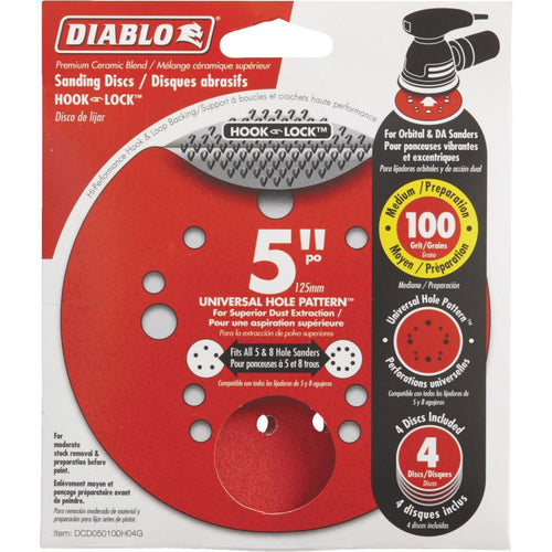 Diablo 5 In. 100-Grit Universal Hole Pattern Vented Sanding Disc with Hook and Lock Backing (4-Pack) Diablo