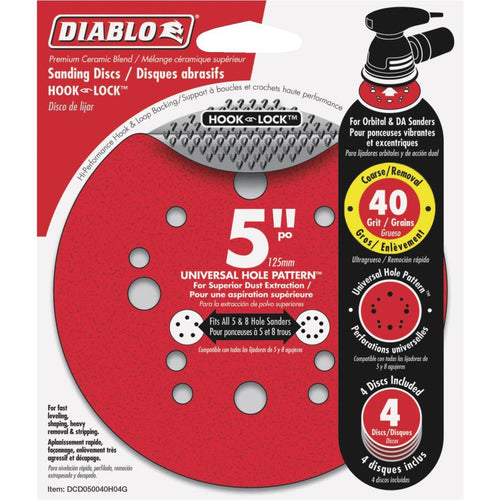 Diablo 5 In. 40-Grit Universal 12-Hole Vented Sanding Disc with Hook and Lock Backing (4-Pack) Diablo