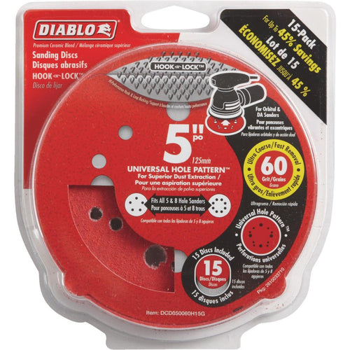 Diablo 5 In. 60-Grit Universal Hole Pattern Vented Sanding Disc with Hook and Lock Backing (15-Pack) Diablo