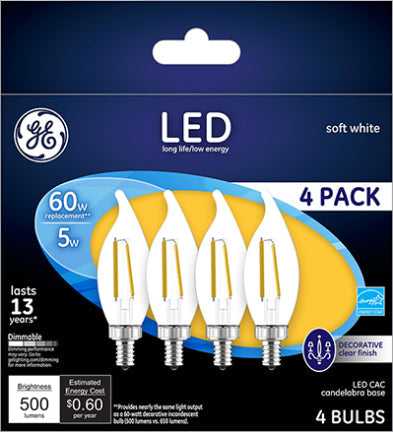 5W CANDELABRA 60W SW LED CLR 4PK General Electric