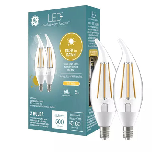 GE LED+ Dusk to Dawn Light Bulbs, Security Lights, 60 Watt Replacement, Decorative Candle Bulbs, Candelabra Small Base, Soft White GE Lighting