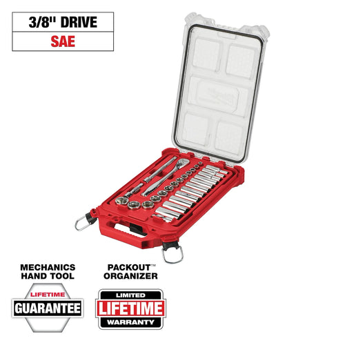 Milwaukee 3/8” Drive 28pc Ratchet & Socket Set with PACKOUT™ Low-Profile Compact Organizer SAE Milwaukee