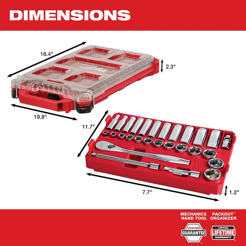 Milwaukee 3/8” Drive 28pc Ratchet & Socket Set with PACKOUT™ Low-Profile Compact Organizer SAE Milwaukee