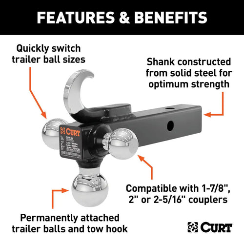 Curt Multi-Ball Mount with Hook (2 Solid Shank, 1-7/8, 2 & 2-5/16 Chrome Balls) #45675 CURT