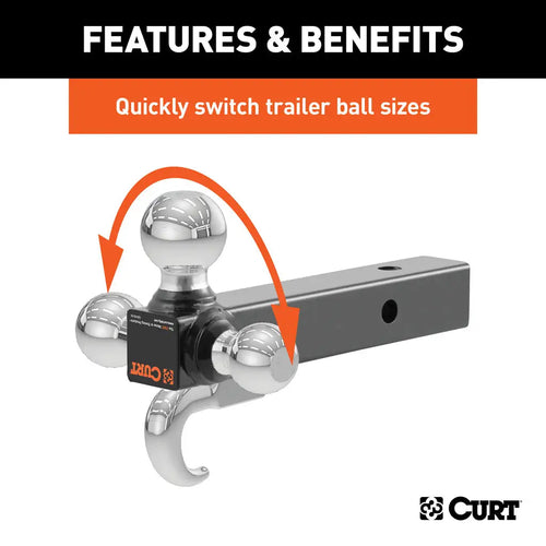 Curt Multi-Ball Mount with Hook (2 Solid Shank, 1-7/8, 2 & 2-5/16 Chrome Balls) #45675 CURT