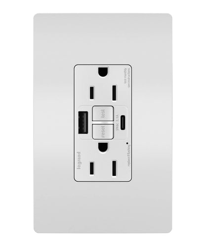 Legrand Pass & Seymour radiant® GFCI USB Outlet with SafeLock® Protection, Type A/C, 15A, Tamper-Resistant, White C4 Legrand - Pass & Seymour