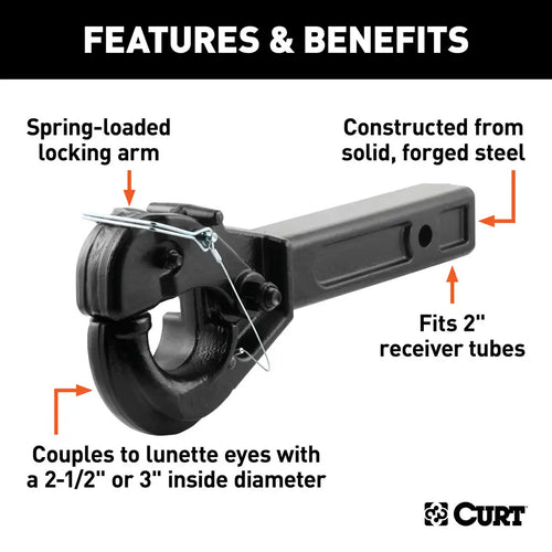 Curt Receiver-Mount Pintle Hook (2 Shank, 10,000 lbs., 2-1/2 Lunette Rings) #48005 CURT