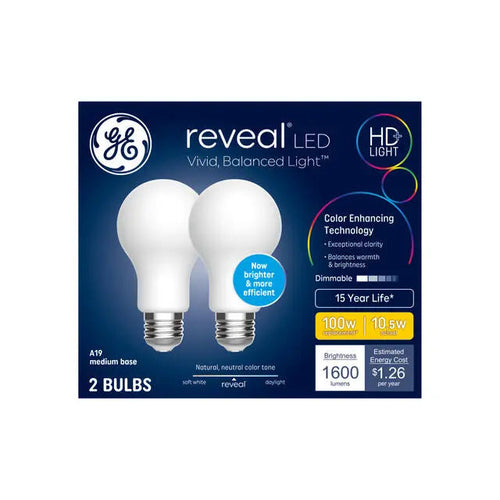 GE Reveal HD+ LED 100 Watt Replacement, Reveal, A19 General Purpose Bulbs (2 Pack) GE