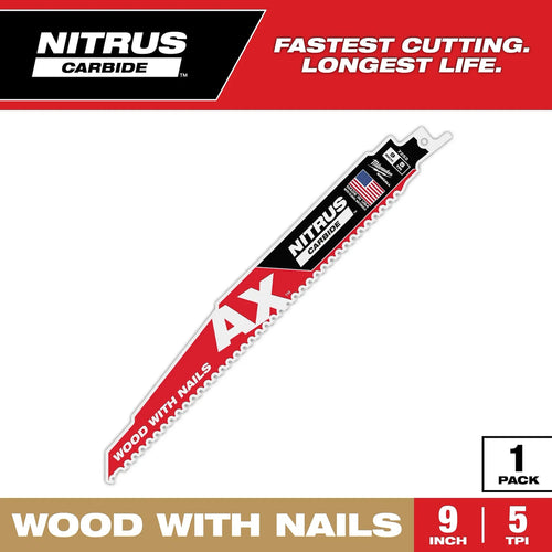 Milwaukee 9 5 TPI AX™ w/NITRUS™ Carbide Teeth SAWZALL® Blade for Wood with Nails Milwaukee