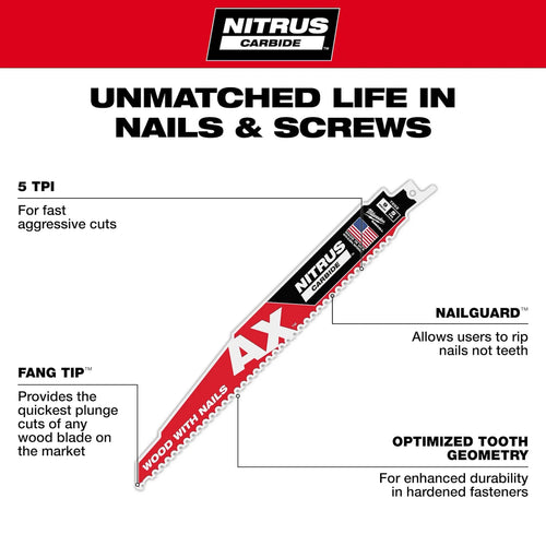 Milwaukee 9 5 TPI AX™ w/NITRUS™ Carbide Teeth SAWZALL® Blade for Wood with Nails Milwaukee