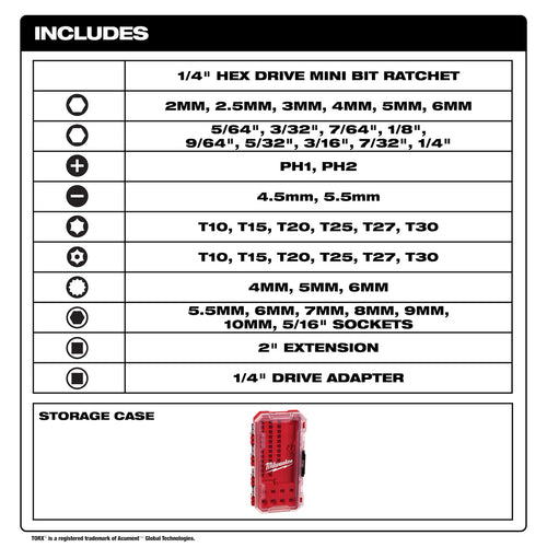 Milwaukee 44pc. 1/4” Hex Drive Mini Flex Head Ratchet & Bit Set Milwaukee