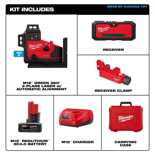 Milwaukee 3642-21 M12™ Green 360° 3-Plane Laser w/Automatic Alignment & Receiver Milwaukee