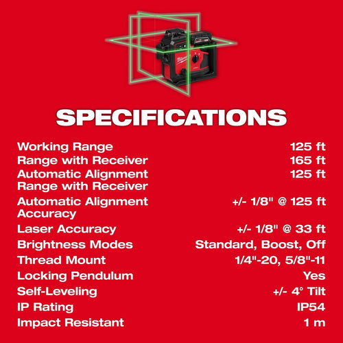 Milwaukee 3642-21 M12™ Green 360° 3-Plane Laser w/Automatic Alignment & Receiver Milwaukee