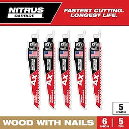 Milwaukee 6 5 TPI AX™ w/NITRUS™ Carbide Teeth SAWZALL® Blade for Wood with Nails 5PK Milwaukee