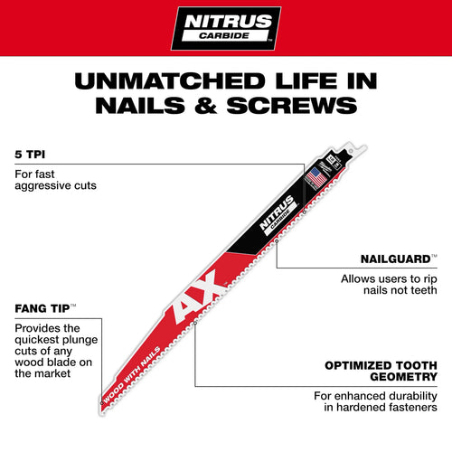 Milwaukee 12 5 TPI AX™ w/NITRUS™ Carbide Teeth SAWZALL® Blade for Wood with Nails 3PK Milwaukee