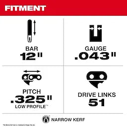 Milwaukee 12 .325 LOW PROFILE™ Pitch, .043 Gauge Saw Chain and Guide Bar Set Milwaukee