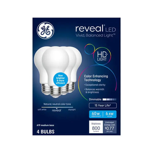 GE Reveal HD+ LED 60 Watt Replacement, Reveal, A19 General Purpose Bulbs (4 Pack) GE
