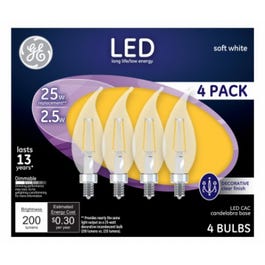 Decorative LED Light Bulbs, Candelabra Base, Soft White, Clear, 200 Lumens, 2.5-Watts, 4-Pk. GE